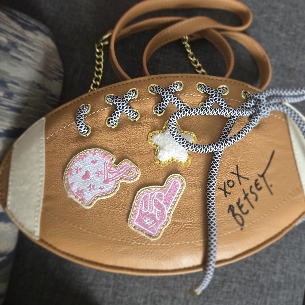 Betsey Johnson Tan Crossbody Football Bag with Pink Patches - Picture 2 of 7